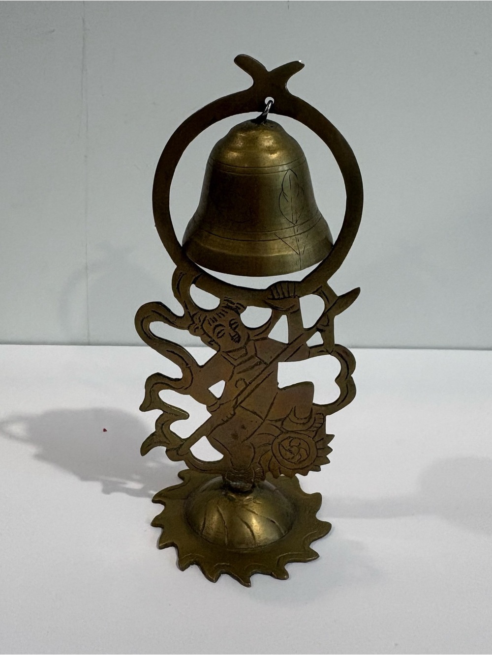 Vintage Ornate Engraved Etched Brass Bell On Stand‎ Oriental W/ Weapon